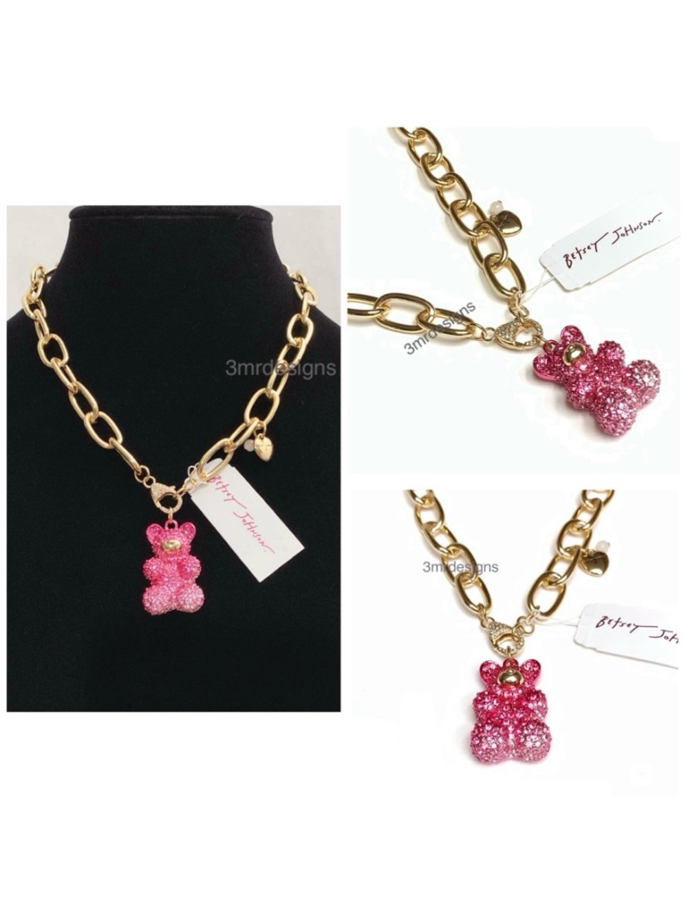 NWT Betsey Johnson 💋PINK BEAR Gold Tone Glass Crystals Front Closure Necklace